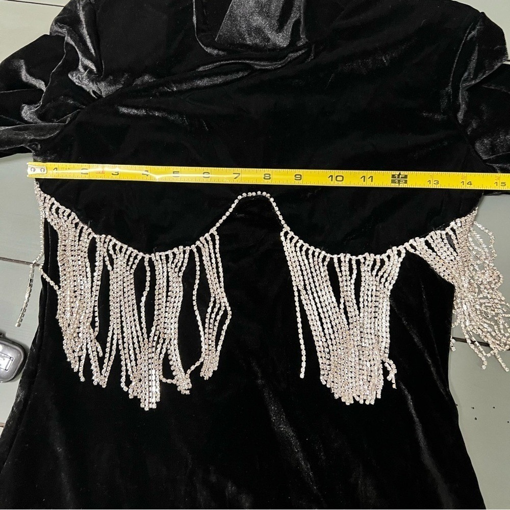 Thiliko Black Velvet Rhinestone Fringe Mock Neck‎ Mini Dress Small Long Sleeve - Picture 9 of 10